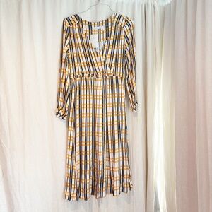NWT ASOS WHITE white, gray and yellow plaid midi dress satin heavy viscose SZ 8